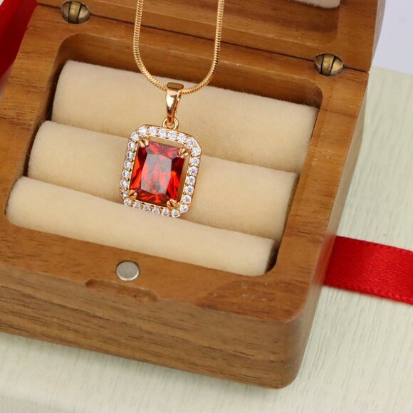 "Red Emerald-Cut Stone Pendant with Crystals in Rose Gold, XPPT1572 - Picture 9 of 13